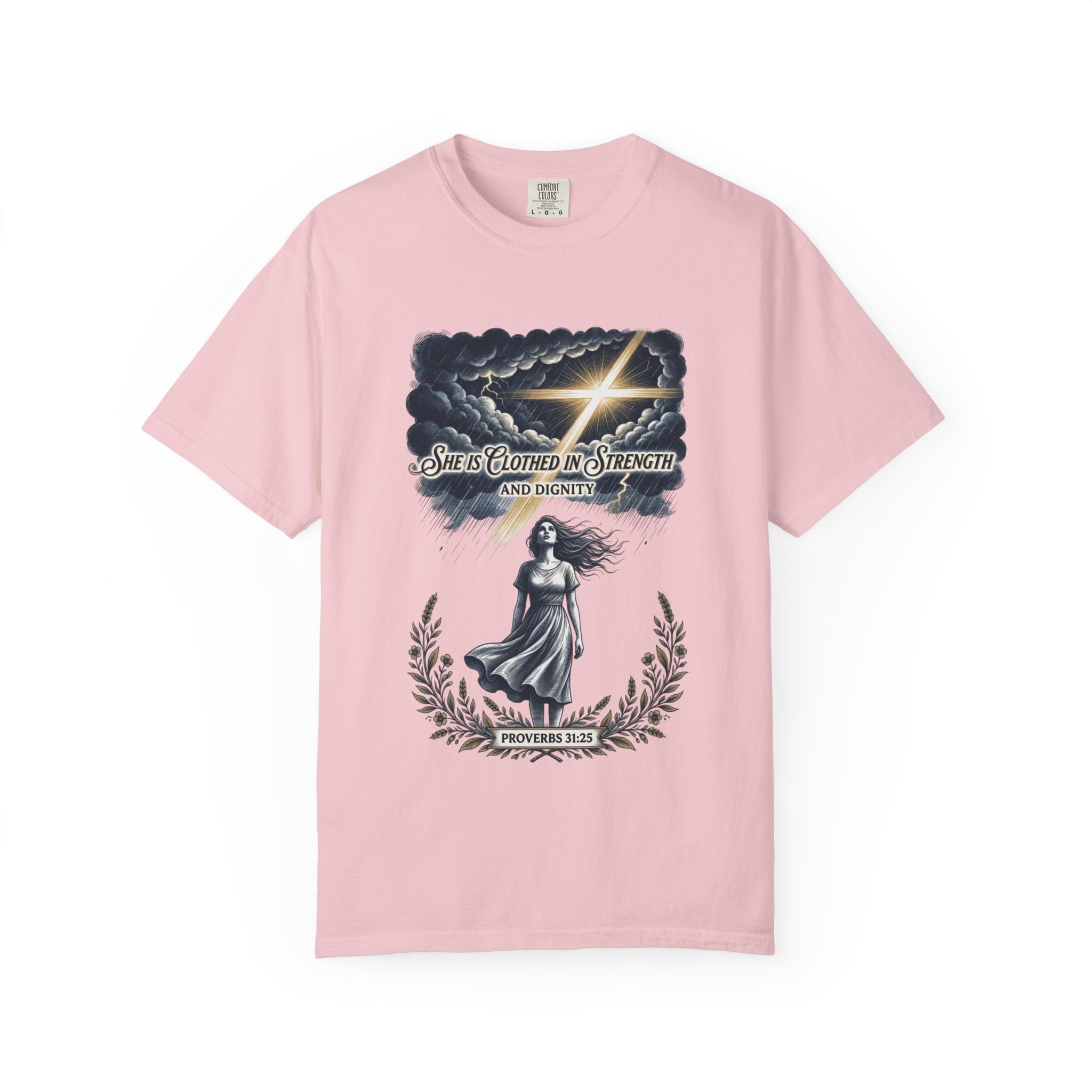 Christian Faith T-Shirt — “She Is Clothed in Strength” Scripture Tee
