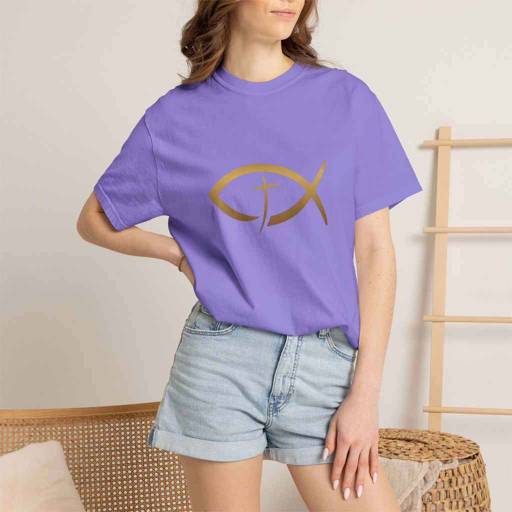 Christian Ichthys Fish T-Shirt — Gold Cross Symbol Faith Tee