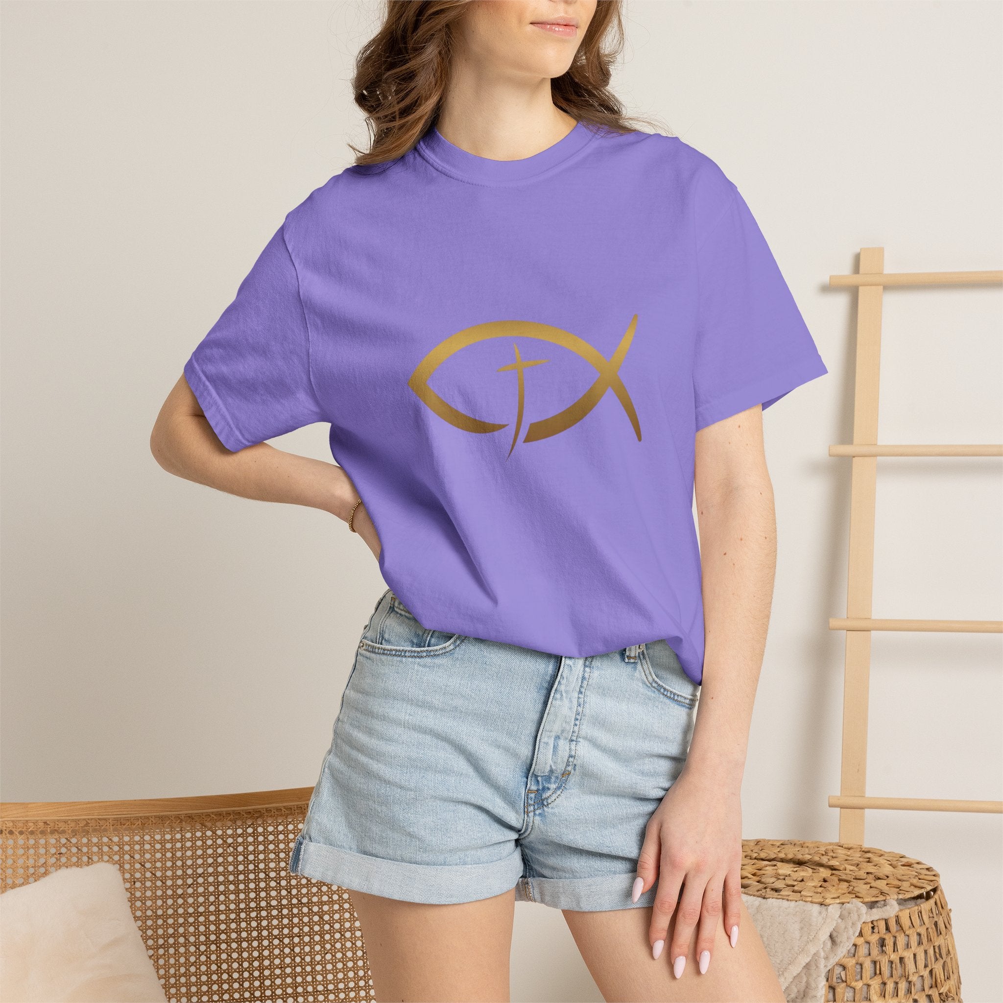 Christian Ichthys Fish T-Shirt — Gold Cross Symbol Faith Tee