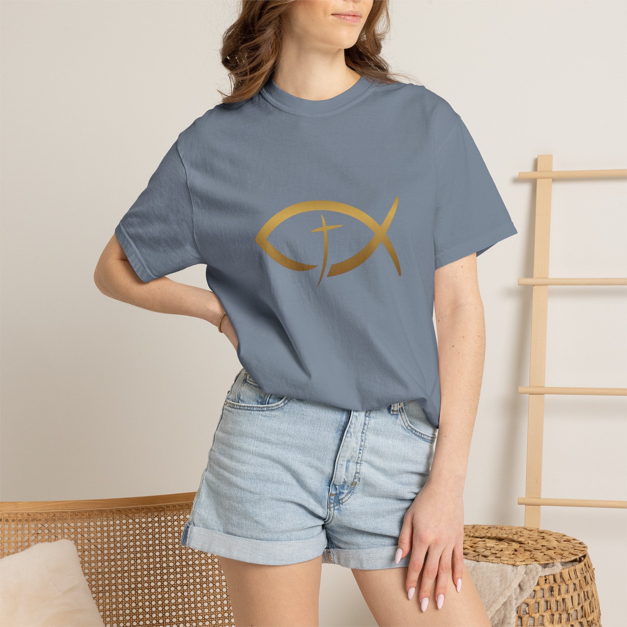 Christian Ichthys Fish T-Shirt — Gold Cross Symbol Faith Tee
