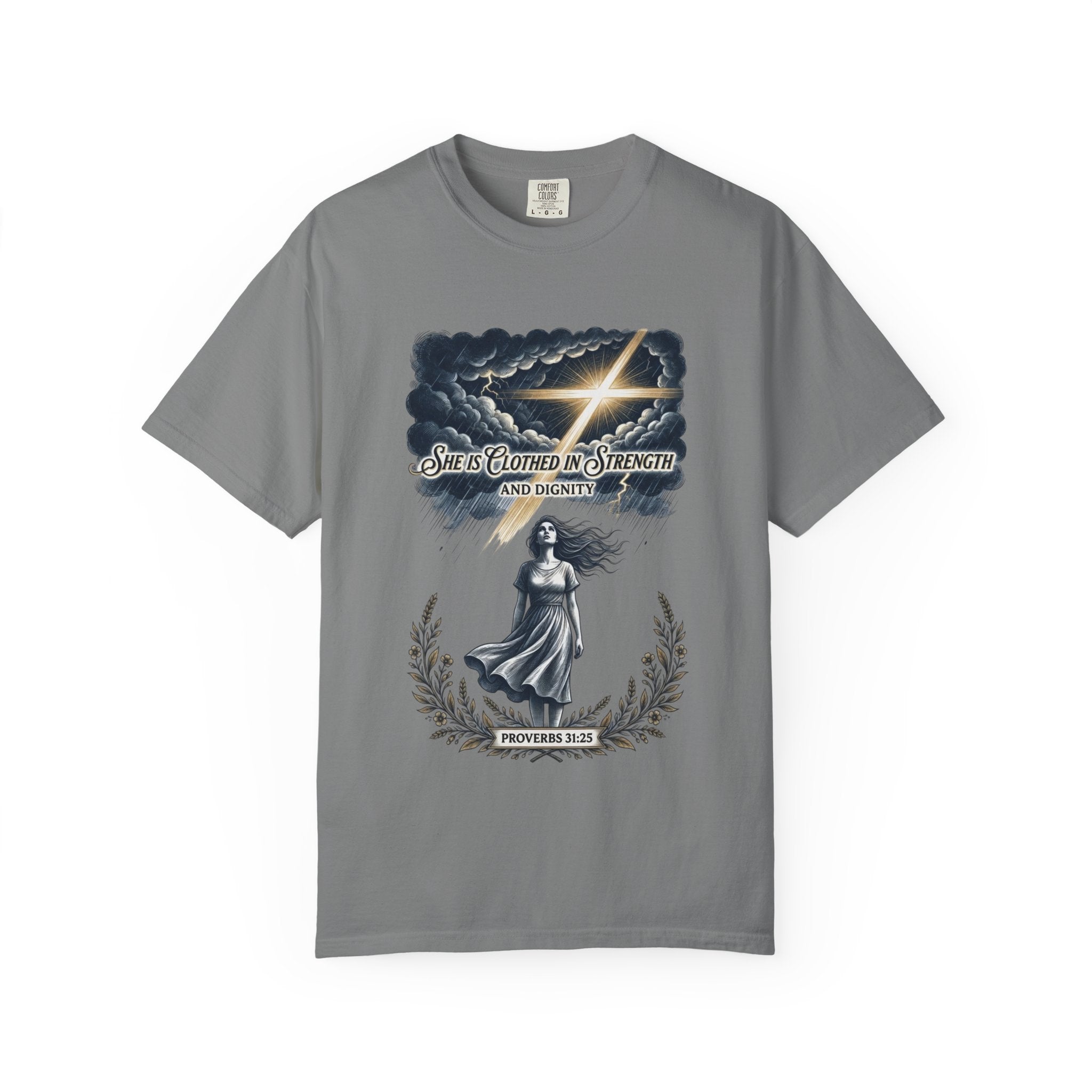 Christian Faith T-Shirt — “She Is Clothed in Strength” Scripture Tee