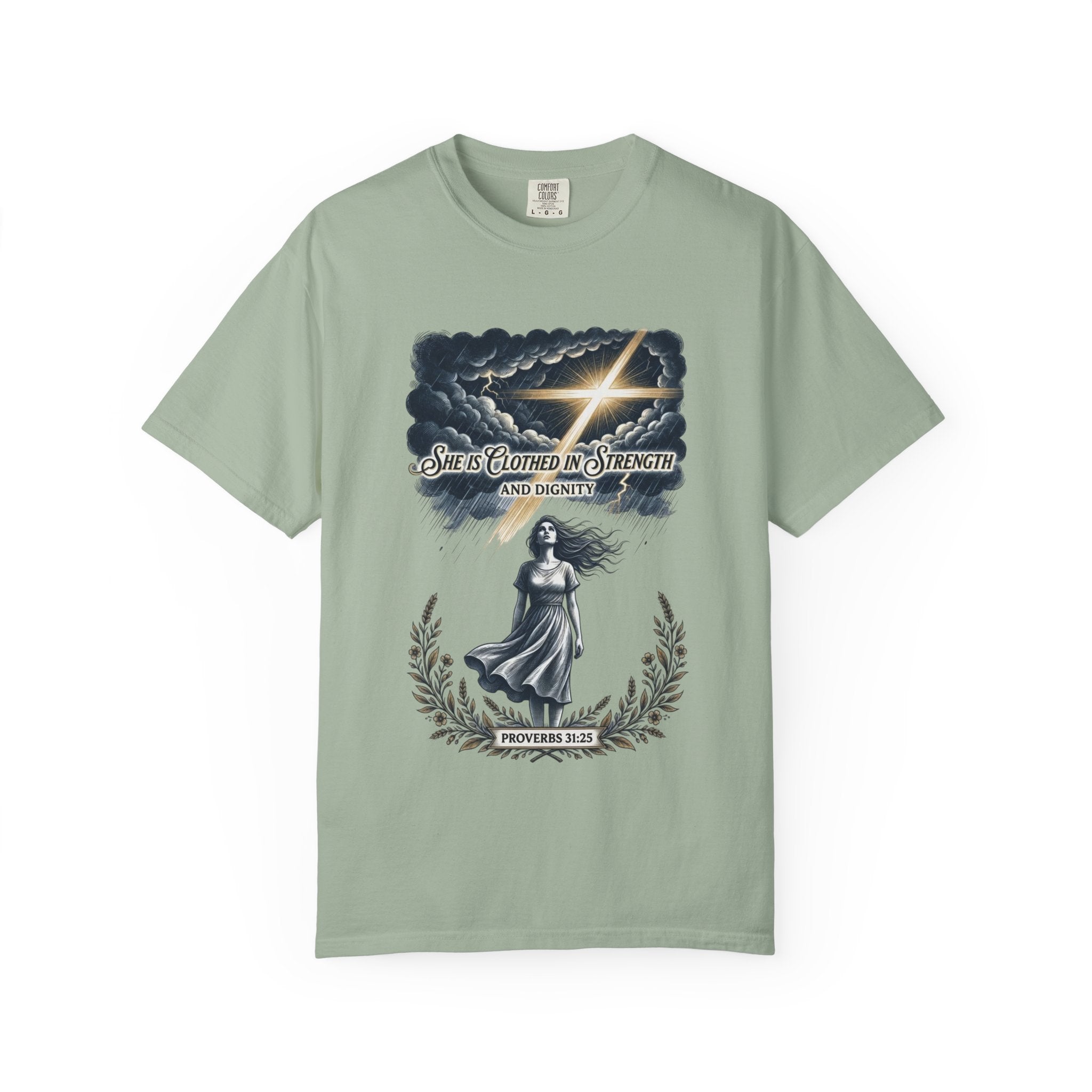 Christian Faith T-Shirt — “She Is Clothed in Strength” Scripture Tee