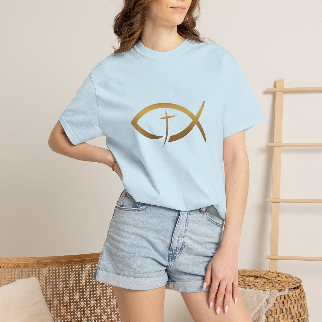 Christian Ichthys Fish T-Shirt — Gold Cross Symbol Faith Tee