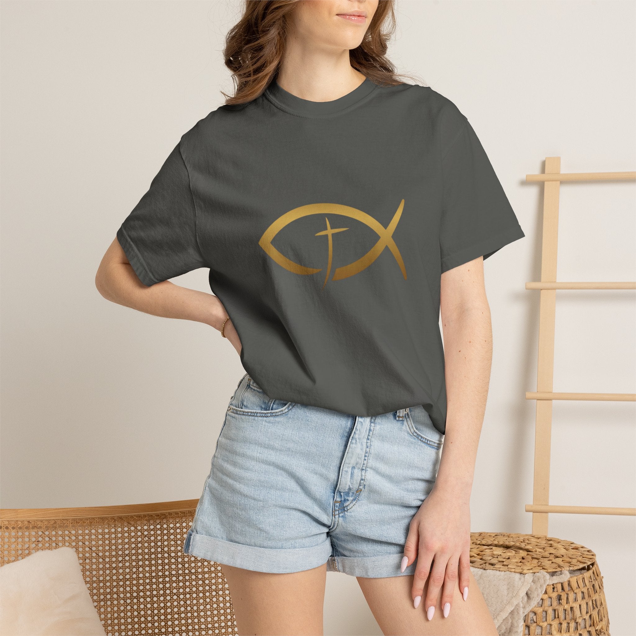 Christian Ichthys Fish T-Shirt — Gold Cross Symbol Faith Tee