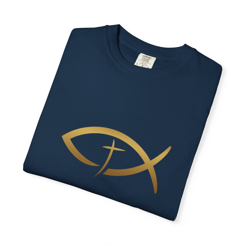 Christian Ichthys Fish T-Shirt — Gold Cross Symbol Faith Tee