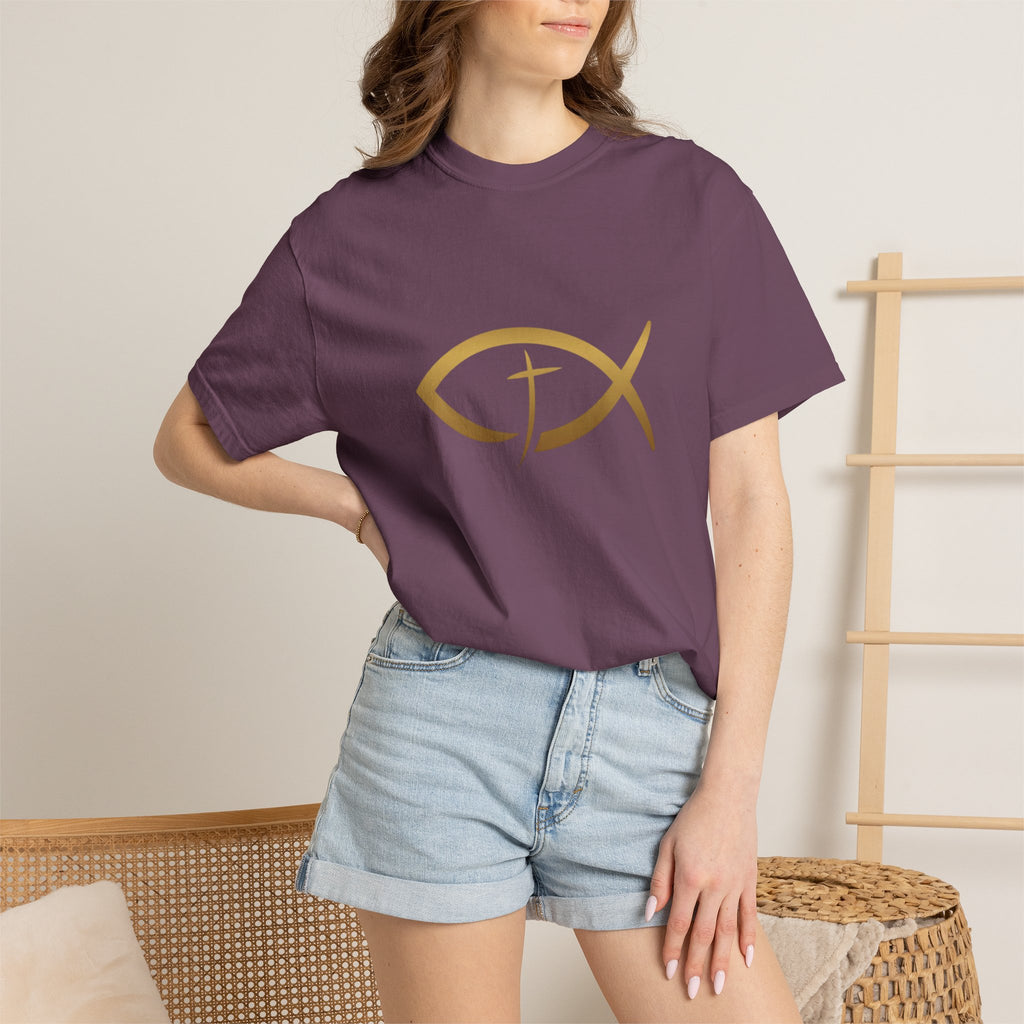 Christian Ichthys Fish T-Shirt — Gold Cross Symbol Faith Tee