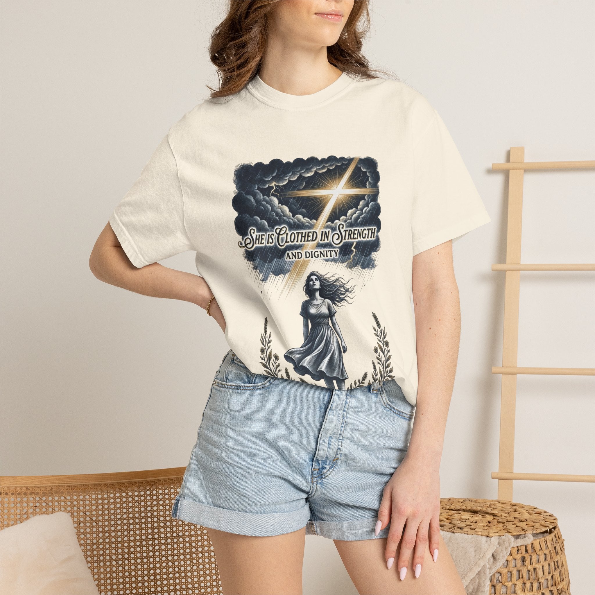 Christian Faith T-Shirt — “She Is Clothed in Strength” Scripture Tee
