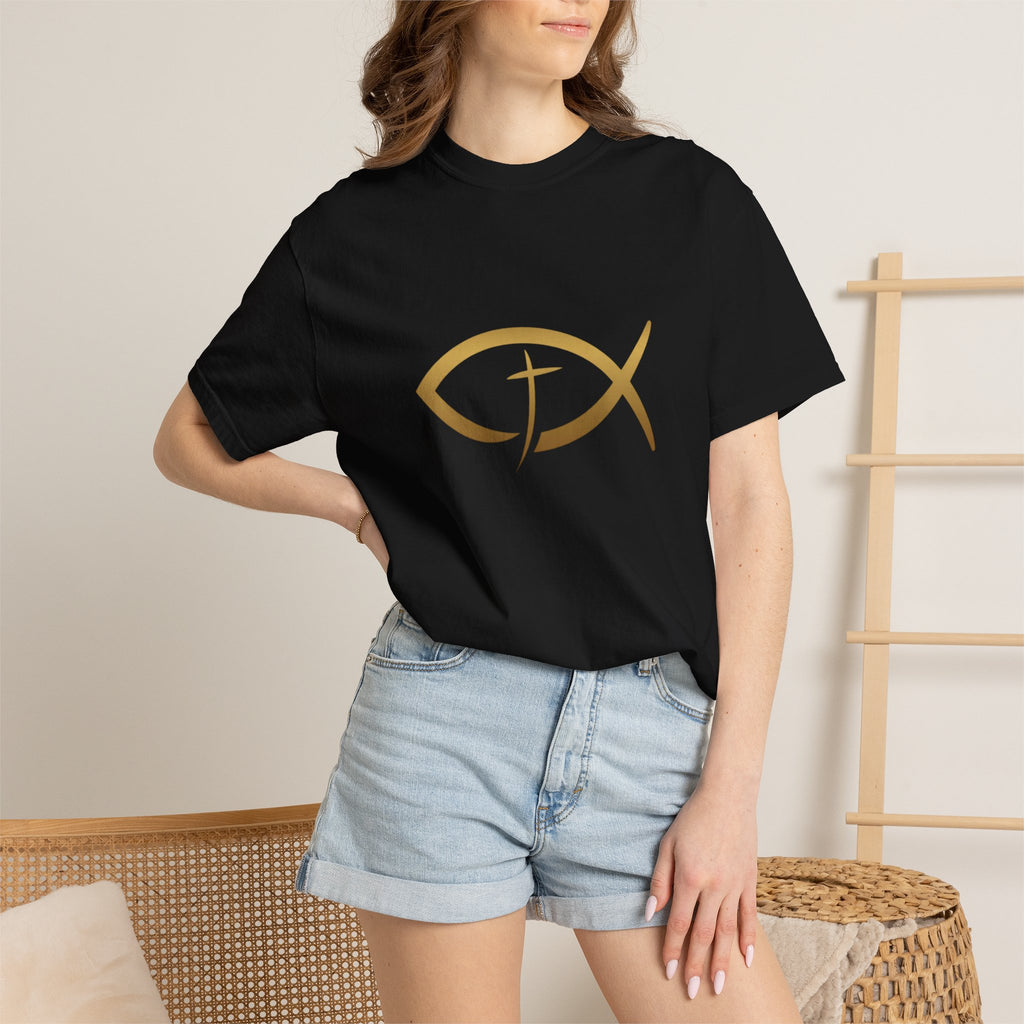Christian Ichthys Fish T-Shirt — Gold Cross Symbol Faith Tee