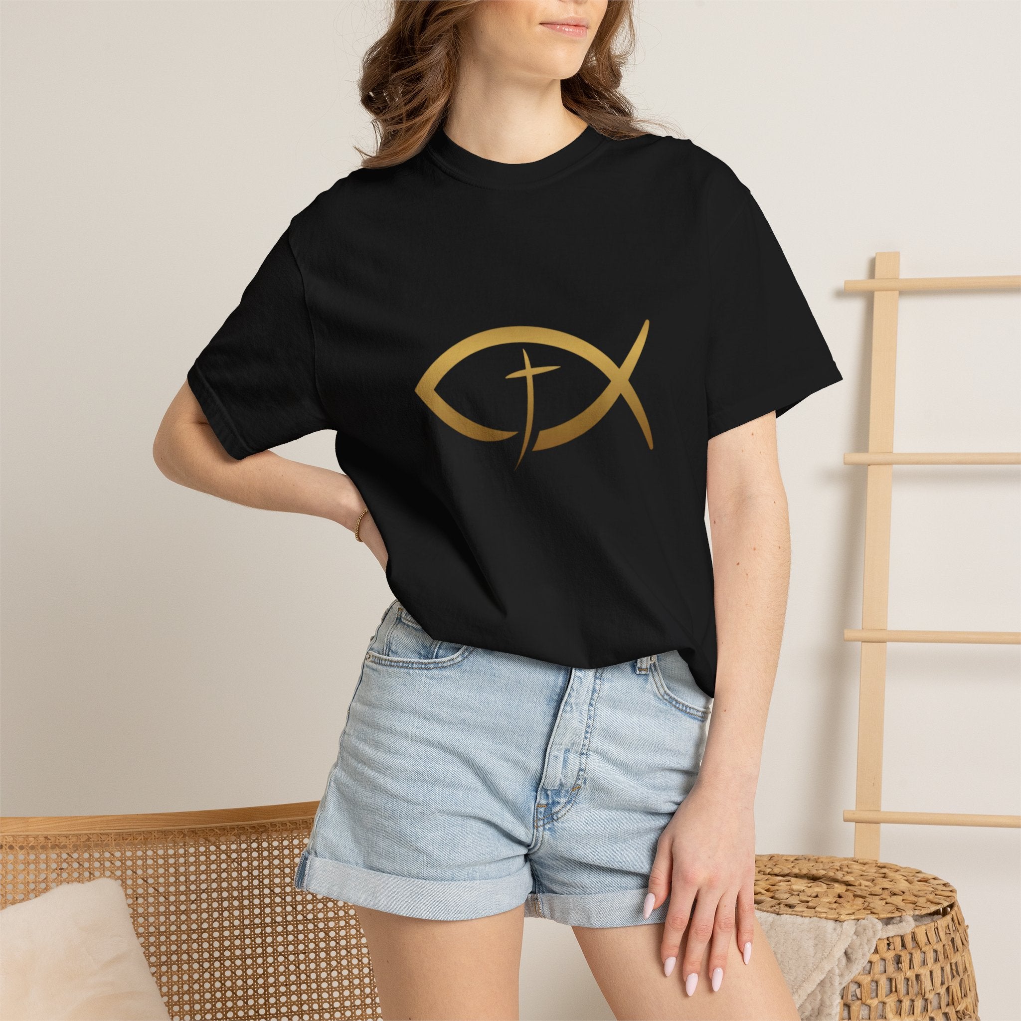 Christian Ichthys Fish T-Shirt — Gold Cross Symbol Faith Tee