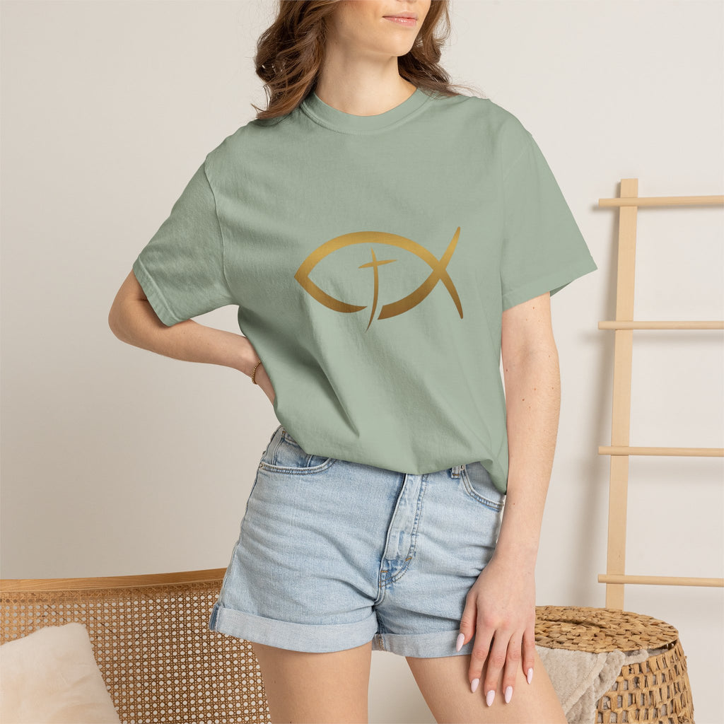 Christian Ichthys Fish T-Shirt — Gold Cross Symbol Faith Tee