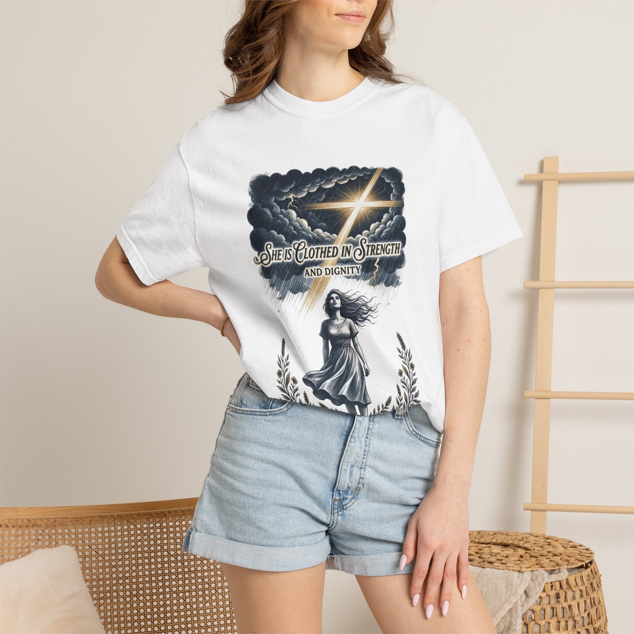 Christian Faith T-Shirt — “She Is Clothed in Strength” Scripture Tee