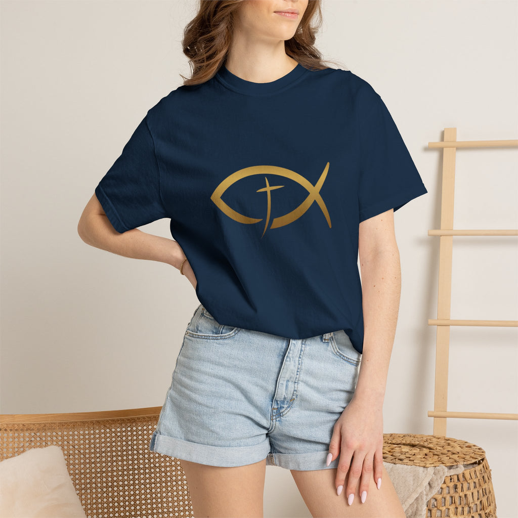 Christian Ichthys Fish T-Shirt — Gold Cross Symbol Faith Tee