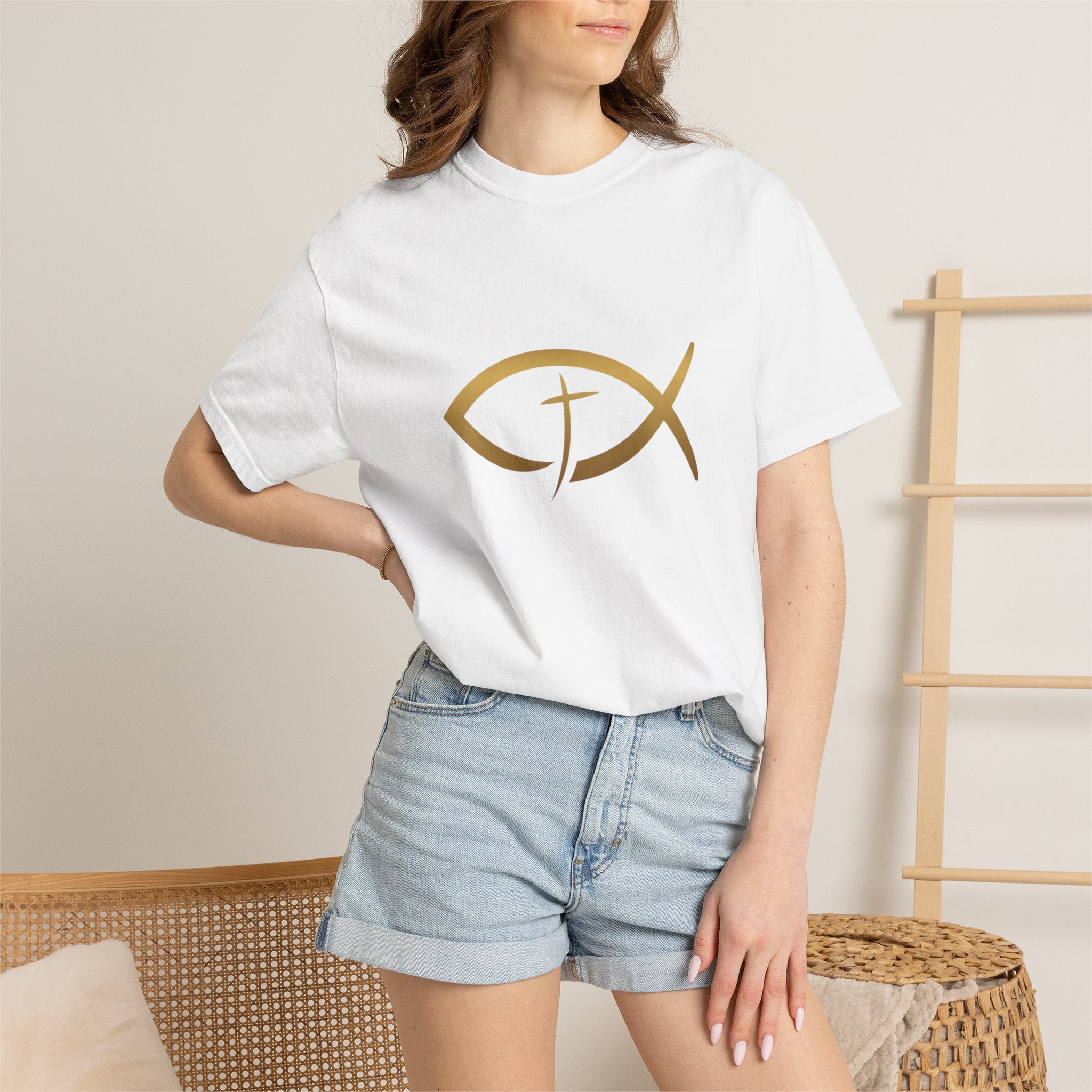 Christian Ichthys Fish T-Shirt — Gold Cross Symbol Faith Tee