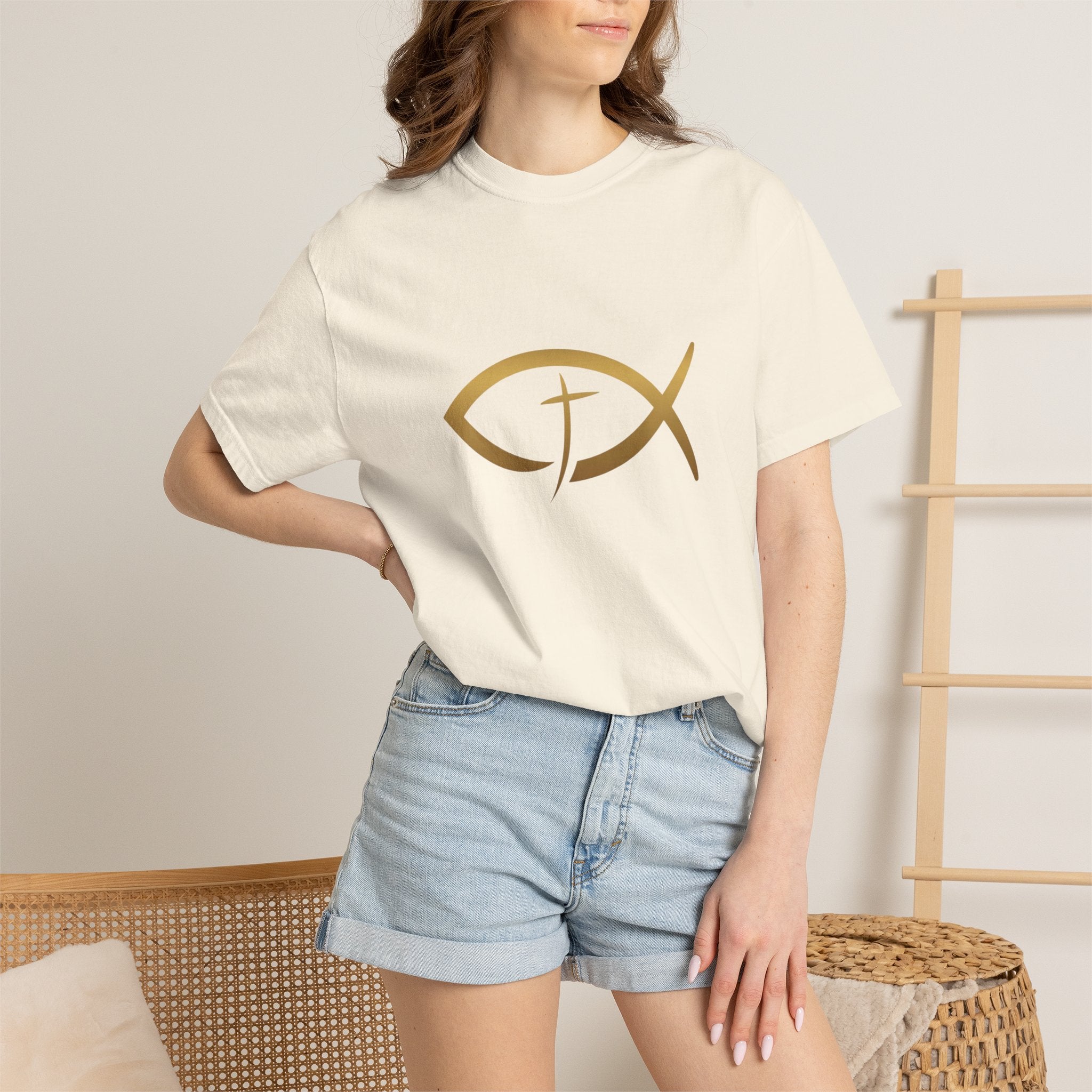 Christian Ichthys Fish T-Shirt — Gold Cross Symbol Faith Tee