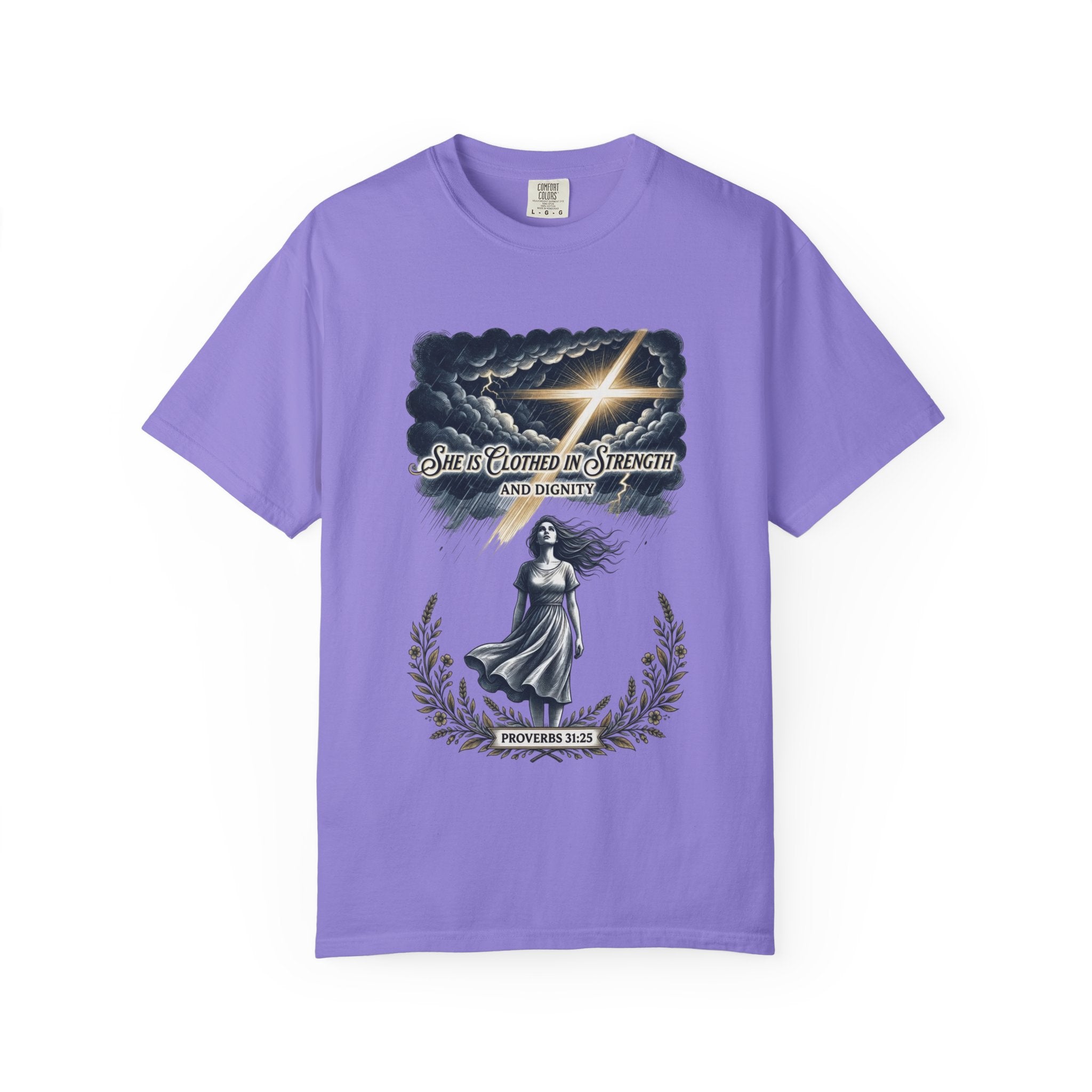 Christian Faith T-Shirt — “She Is Clothed in Strength” Scripture Tee