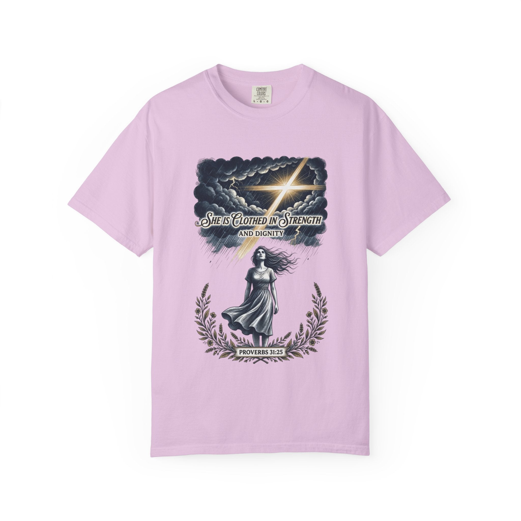 Christian Faith T-Shirt — “She Is Clothed in Strength” Scripture Tee