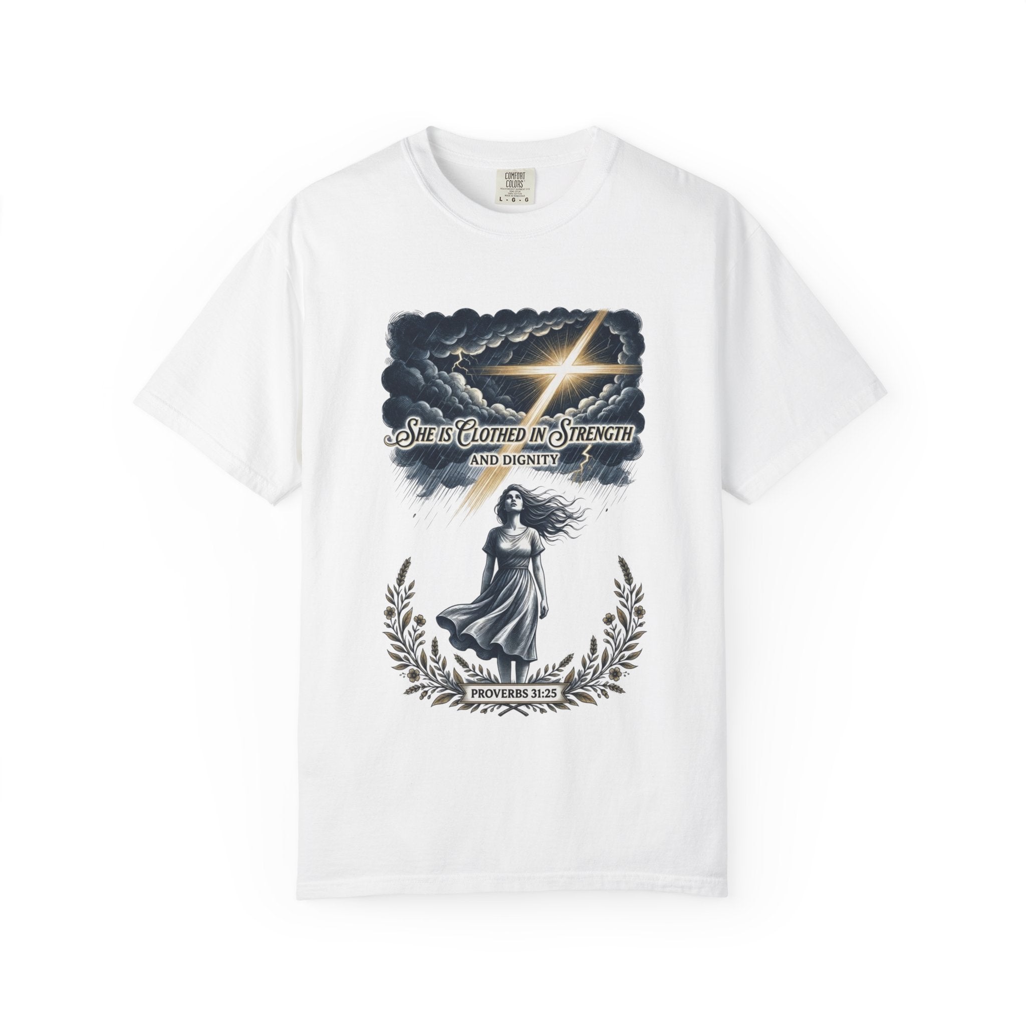Christian Faith T-Shirt — “She Is Clothed in Strength” Scripture Tee