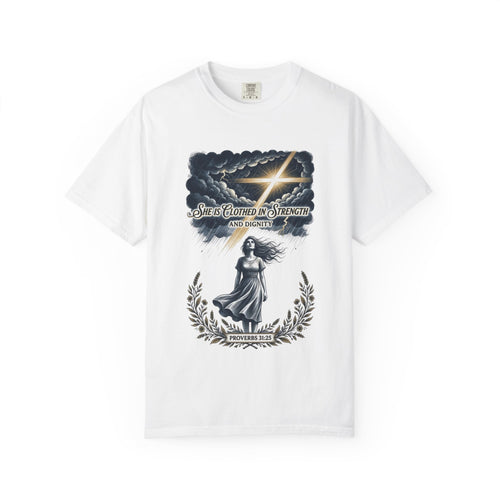 Christian Faith T-Shirt — “She Is Clothed in Strength” Scripture Tee