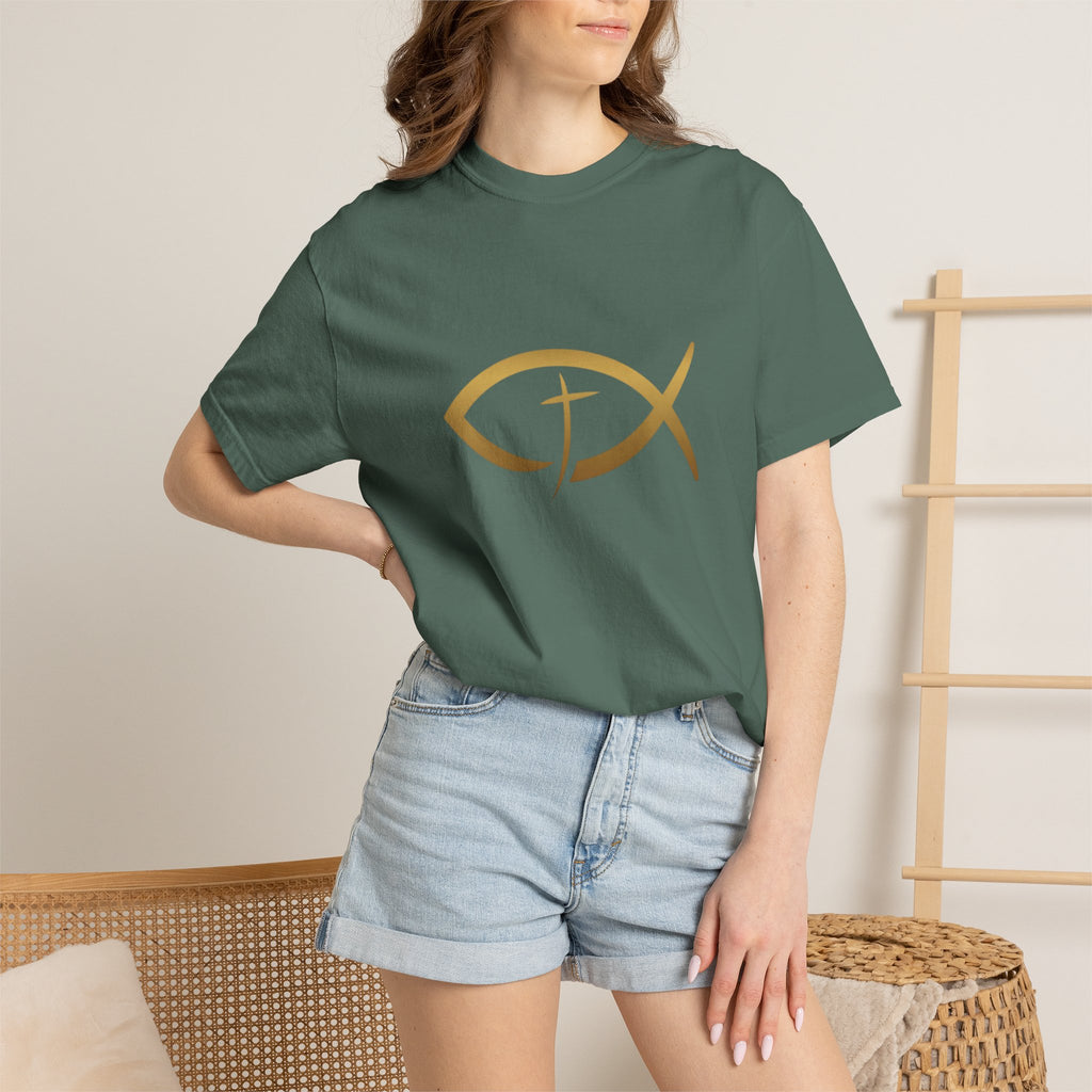 Christian Ichthys Fish T-Shirt — Gold Cross Symbol Faith Tee