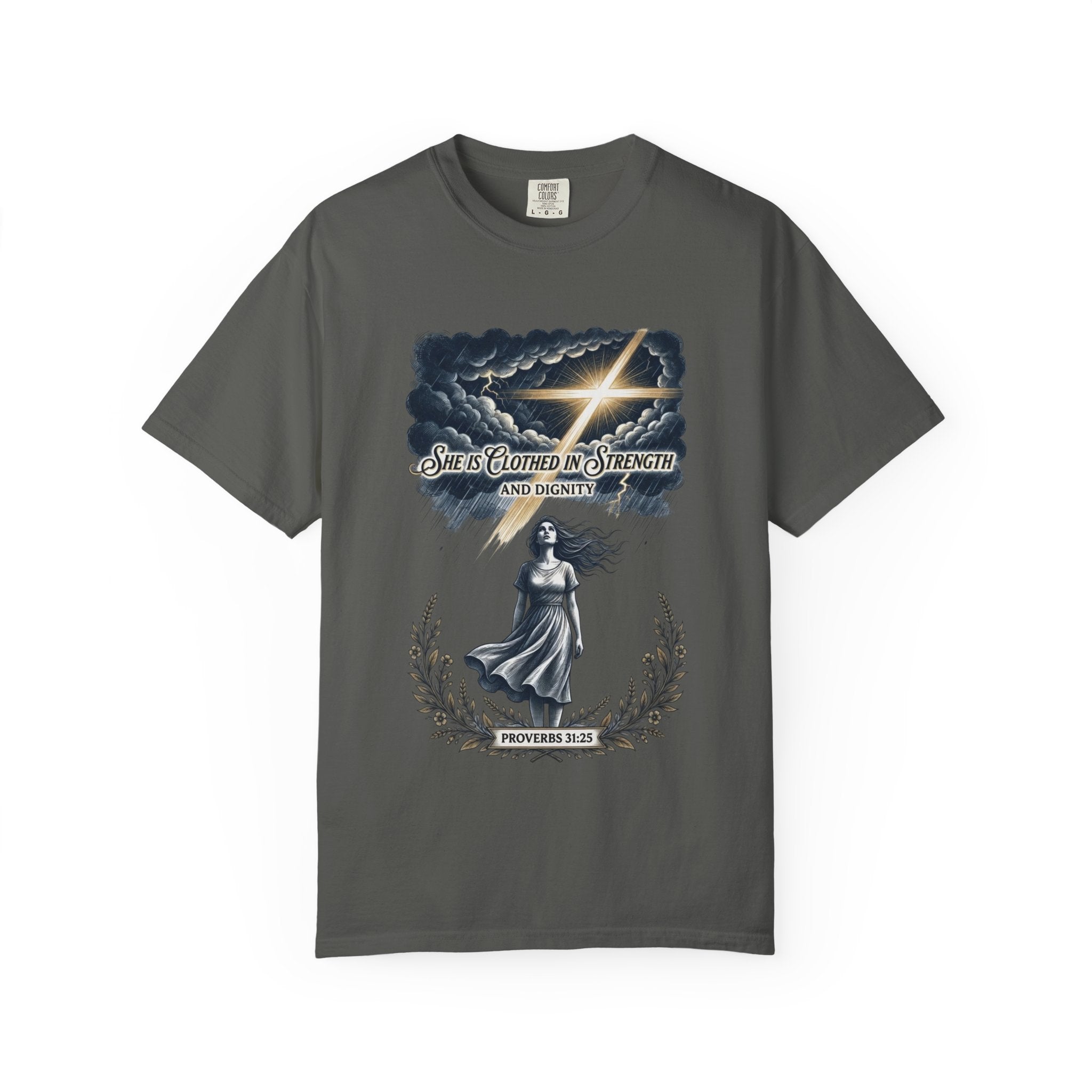 Christian Faith T-Shirt — “She Is Clothed in Strength” Scripture Tee
