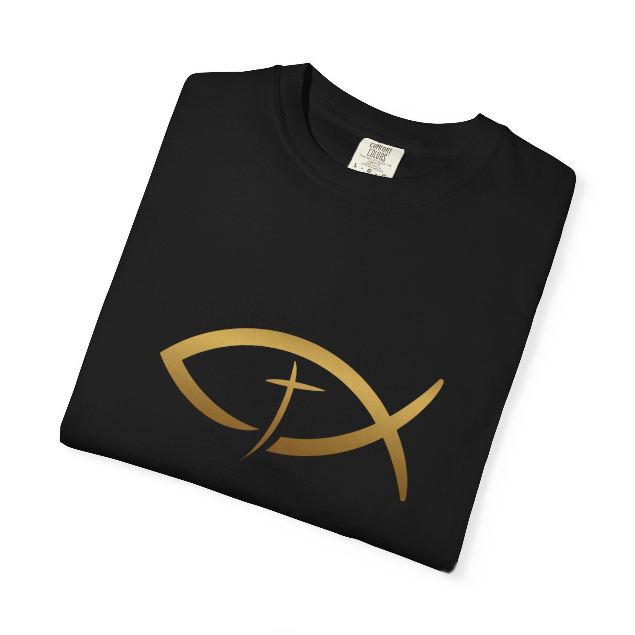 Christian Ichthys Fish T-Shirt — Gold Cross Symbol Faith Tee