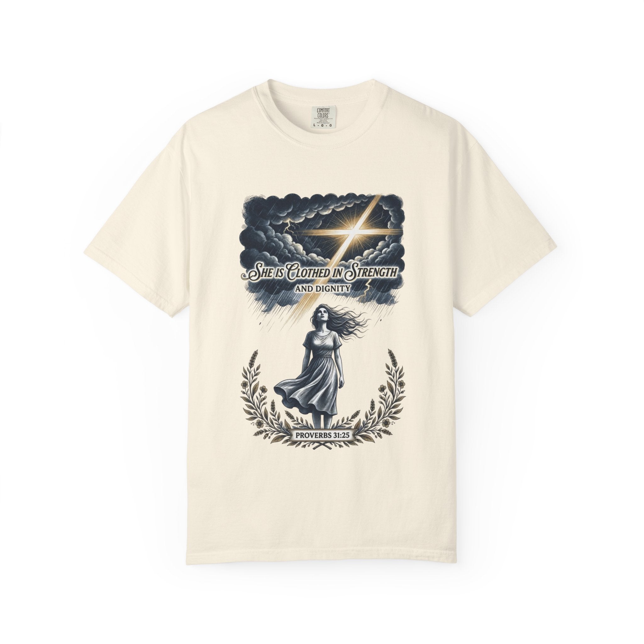 Christian Faith T-Shirt — “She Is Clothed in Strength” Scripture Tee