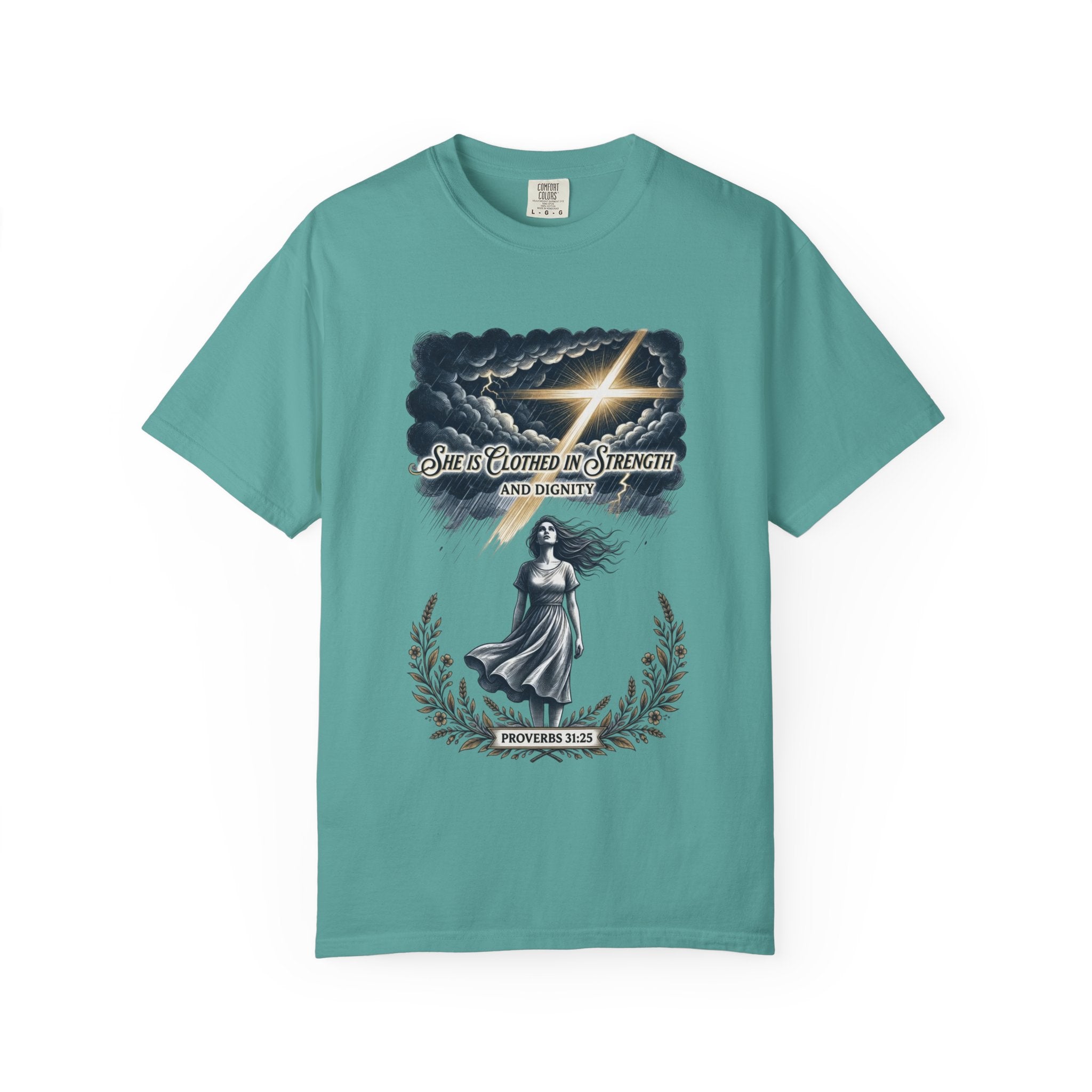 Christian Faith T-Shirt — “She Is Clothed in Strength” Scripture Tee