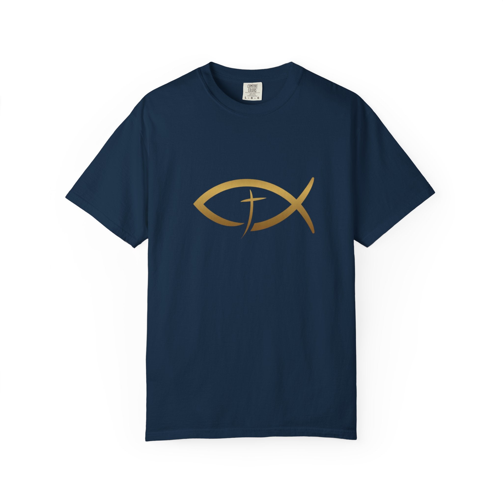 Christian Ichthys Fish T-Shirt — Gold Cross Symbol Faith Tee