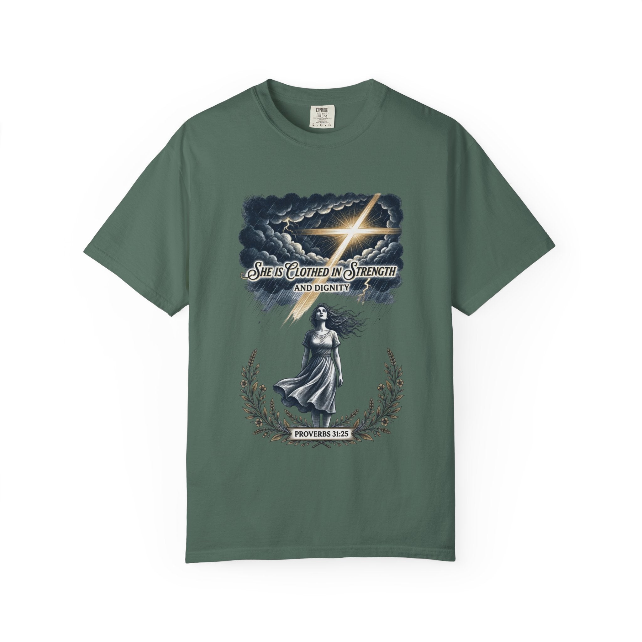 Christian Faith T-Shirt — “She Is Clothed in Strength” Scripture Tee