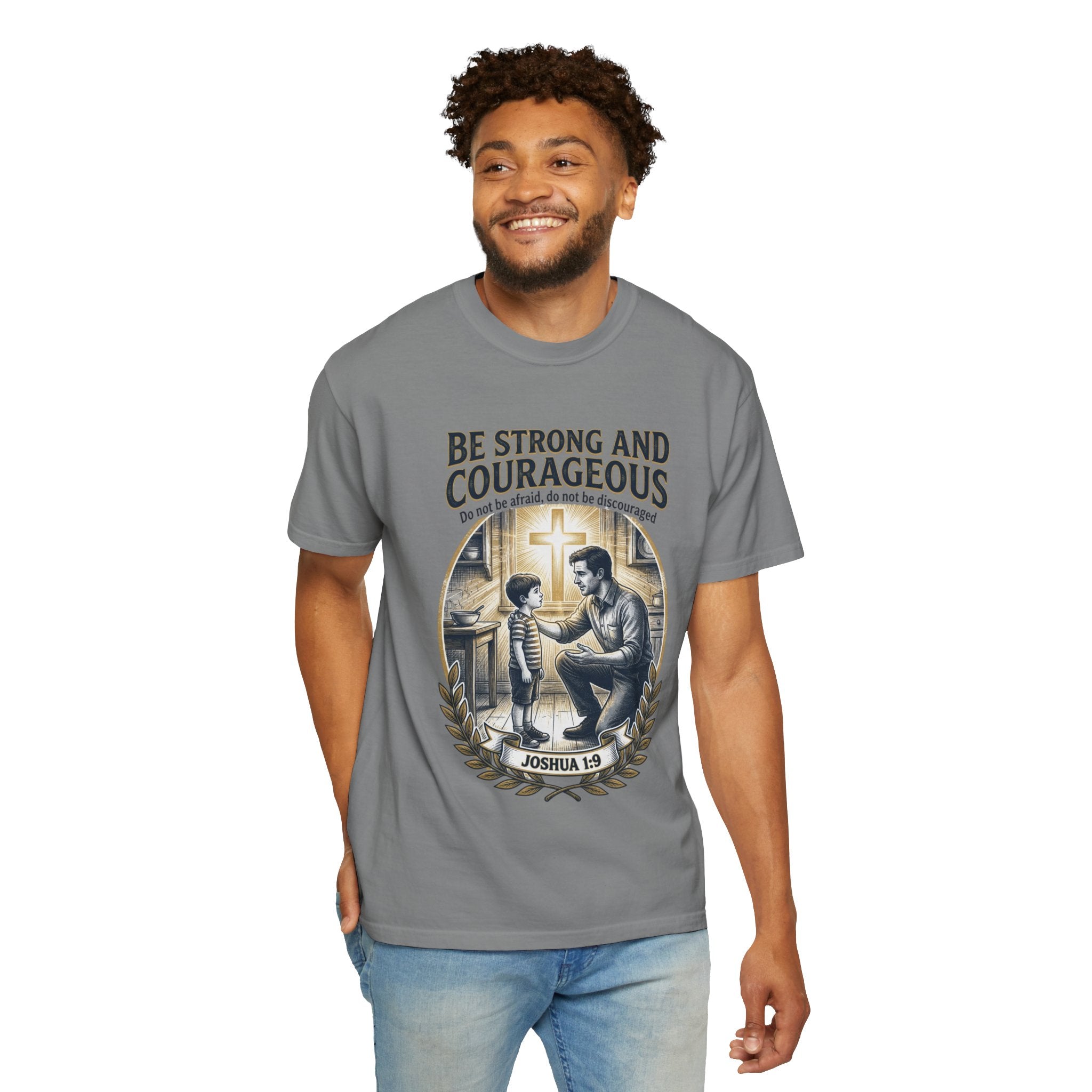Be Strong and Courageous Joshua 1:9 T-Shirt — Inspirational Christian Tee for Men & Kids