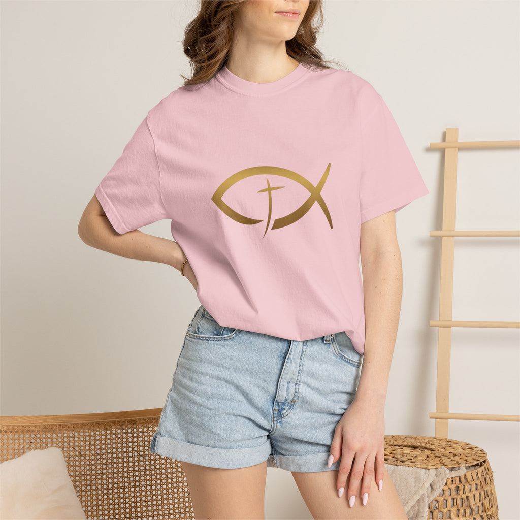 Christian Ichthys Fish T-Shirt — Gold Cross Symbol Faith Tee