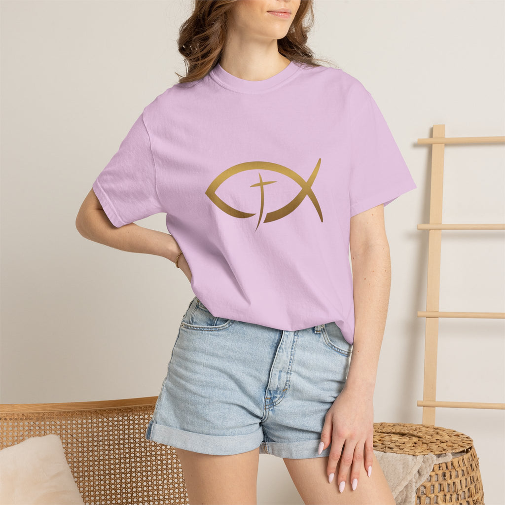 Christian Ichthys Fish T-Shirt — Gold Cross Symbol Faith Tee
