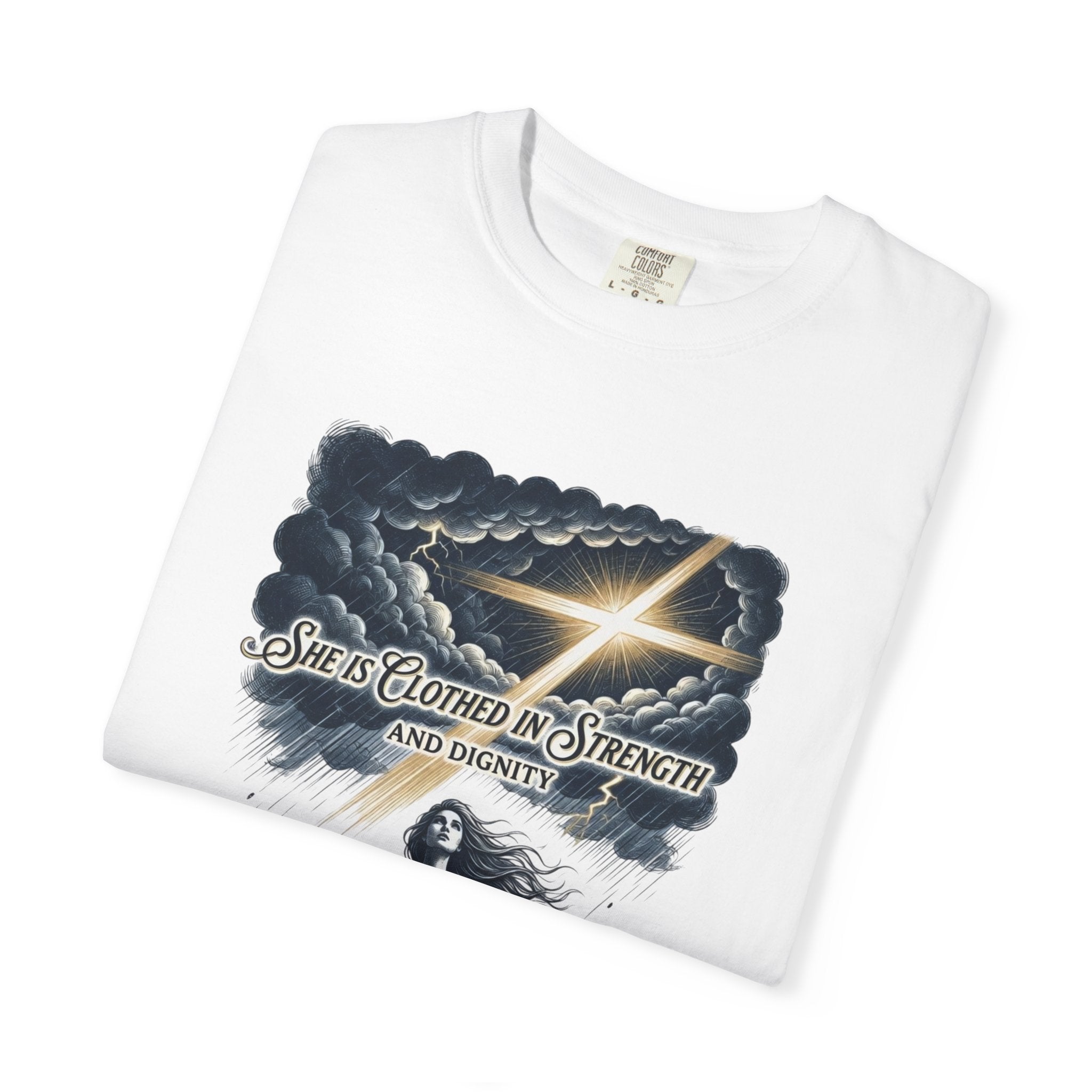 Christian Faith T-Shirt — “She Is Clothed in Strength” Scripture Tee