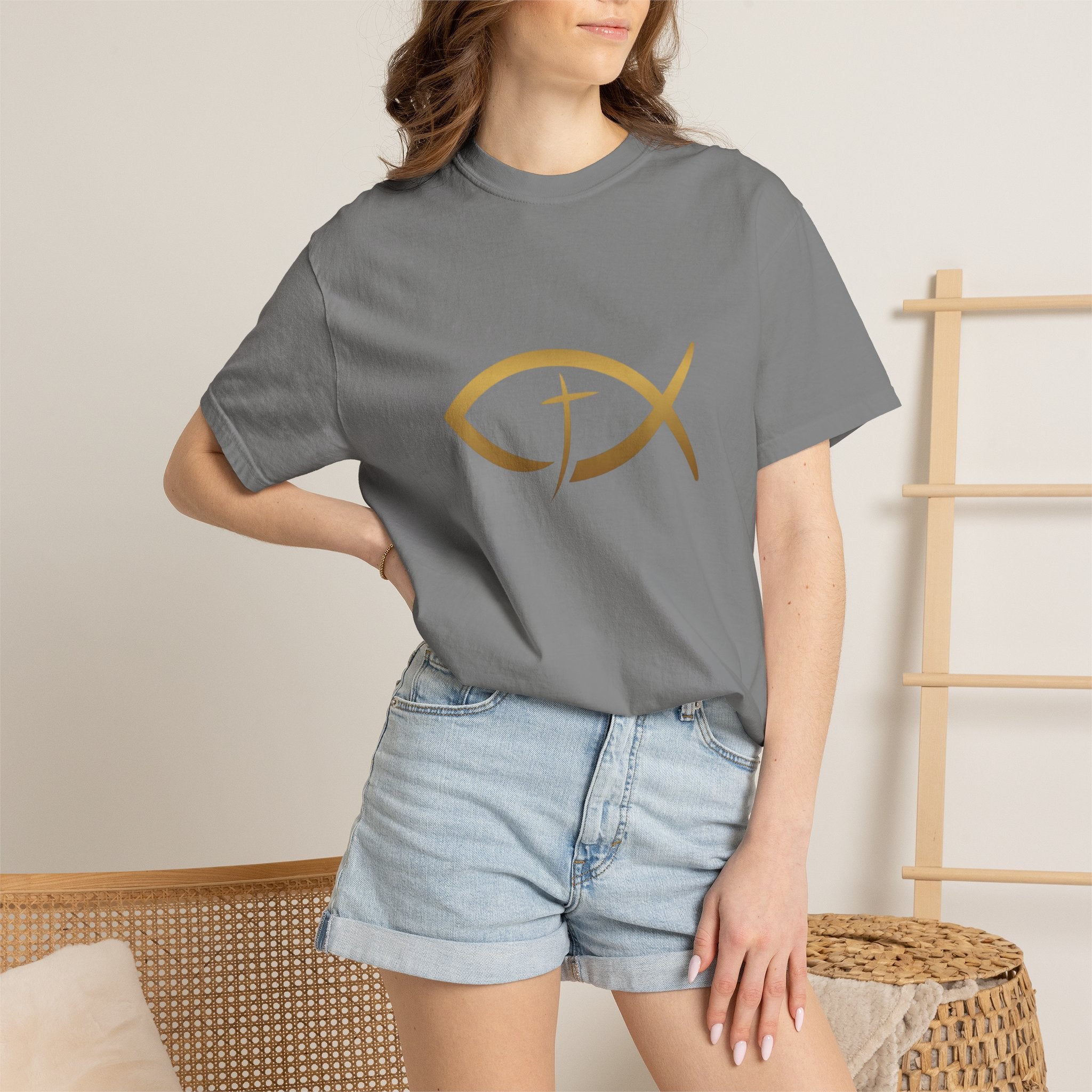Christian Ichthys Fish T-Shirt — Gold Cross Symbol Faith Tee
