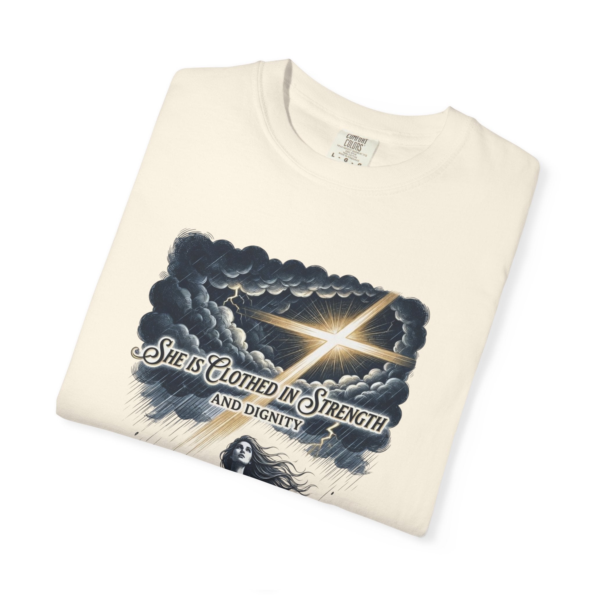 Christian Faith T-Shirt — “She Is Clothed in Strength” Scripture Tee