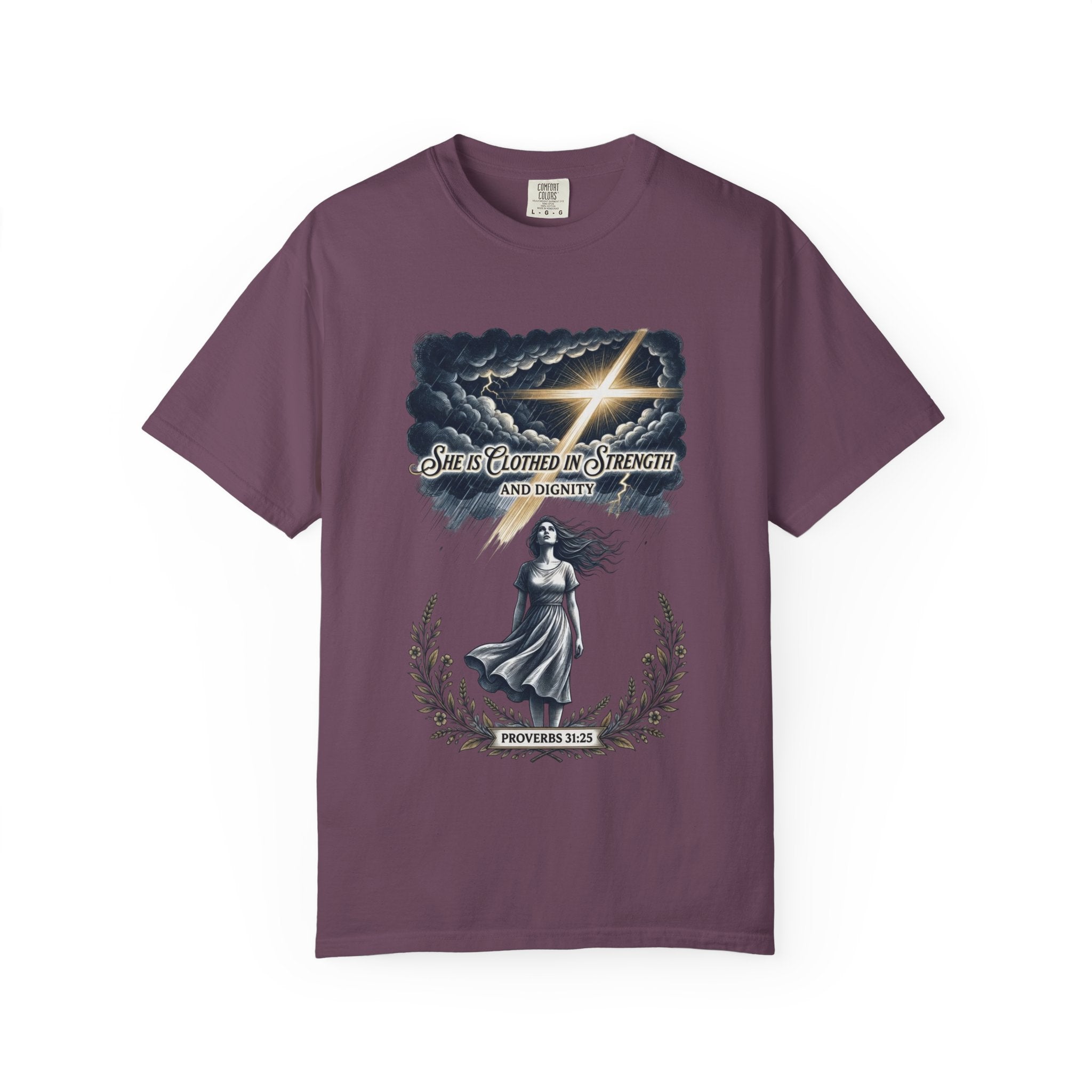 Christian Faith T-Shirt — “She Is Clothed in Strength” Scripture Tee