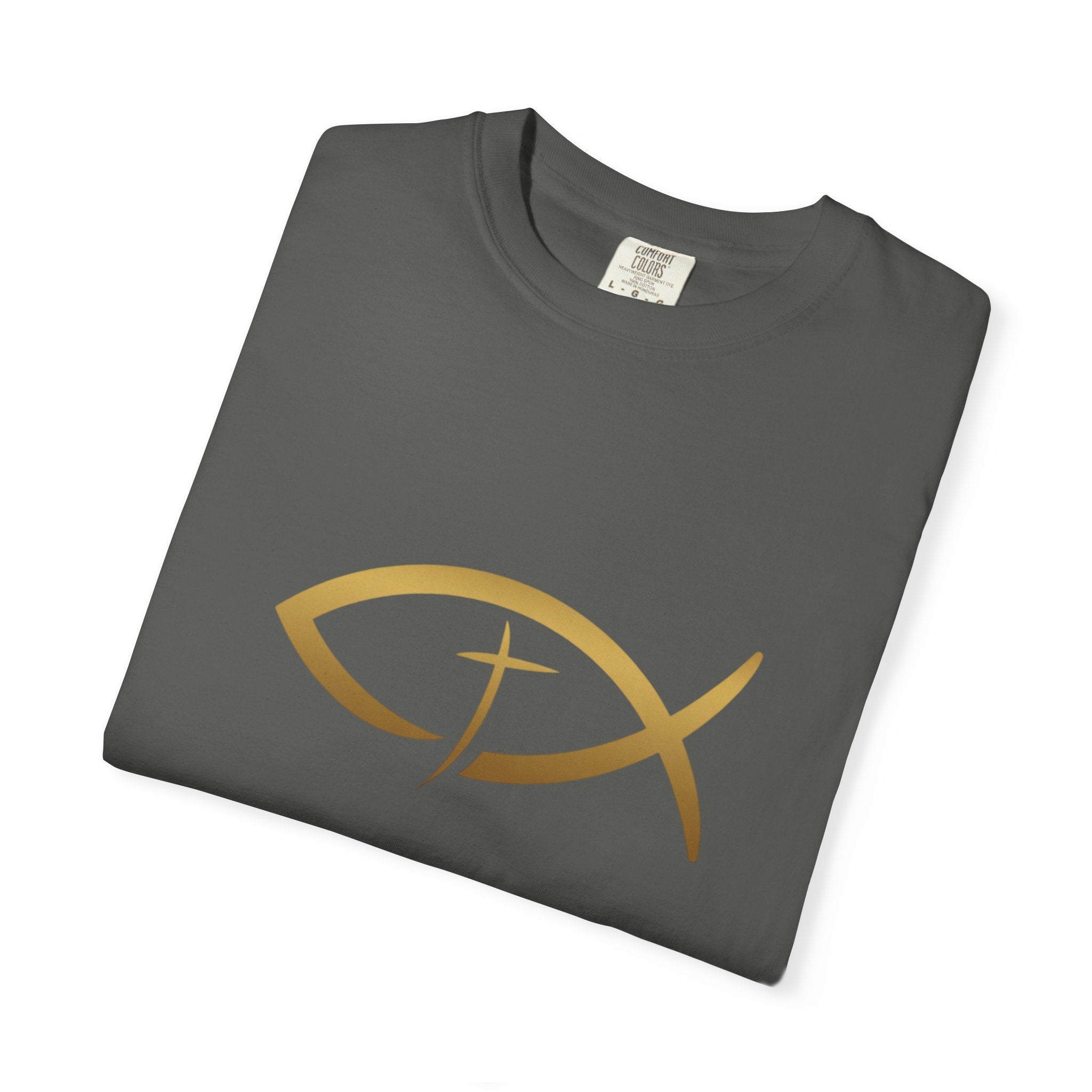 Christian Ichthys Fish T-Shirt — Gold Cross Symbol Faith Tee