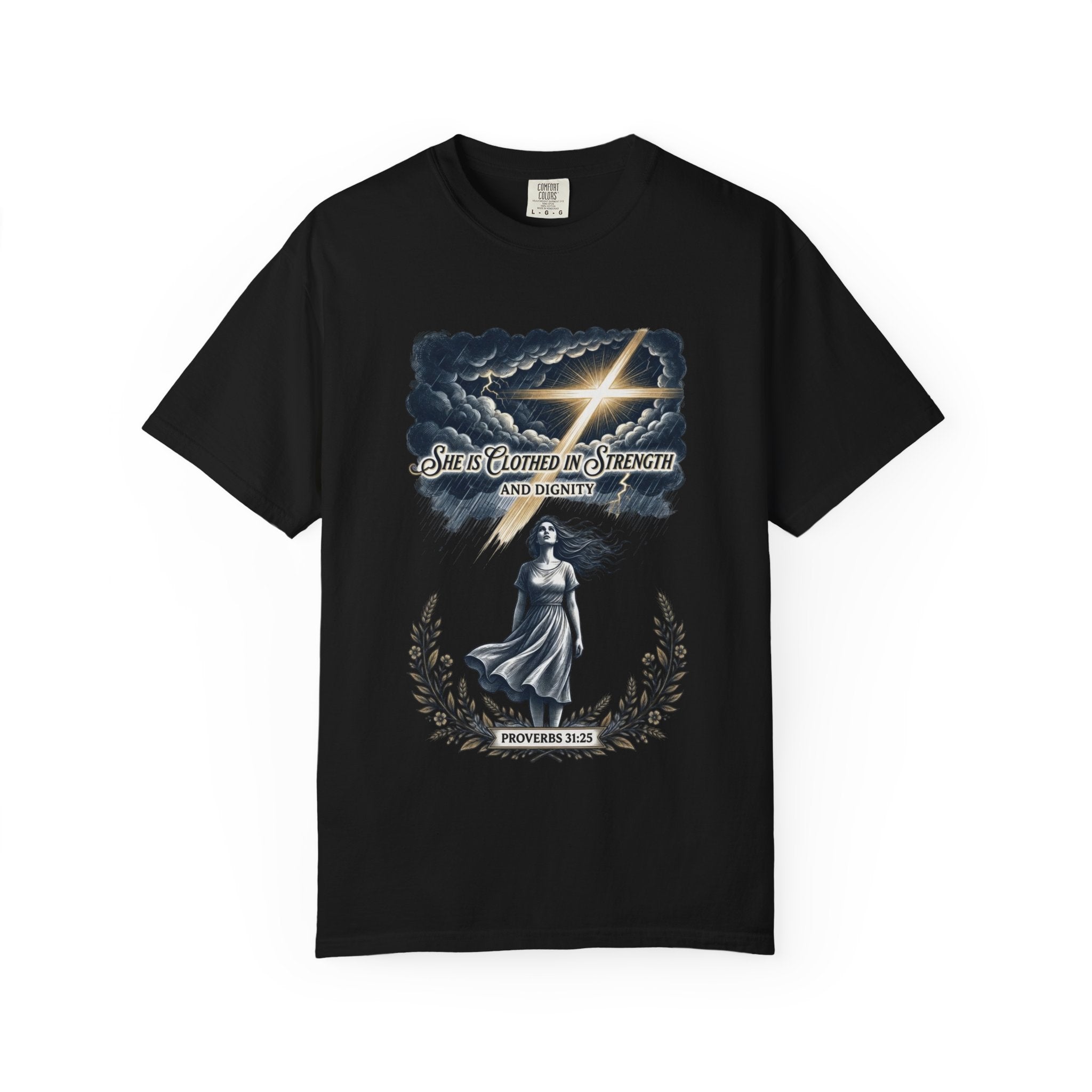 Christian Faith T-Shirt — “She Is Clothed in Strength” Scripture Tee