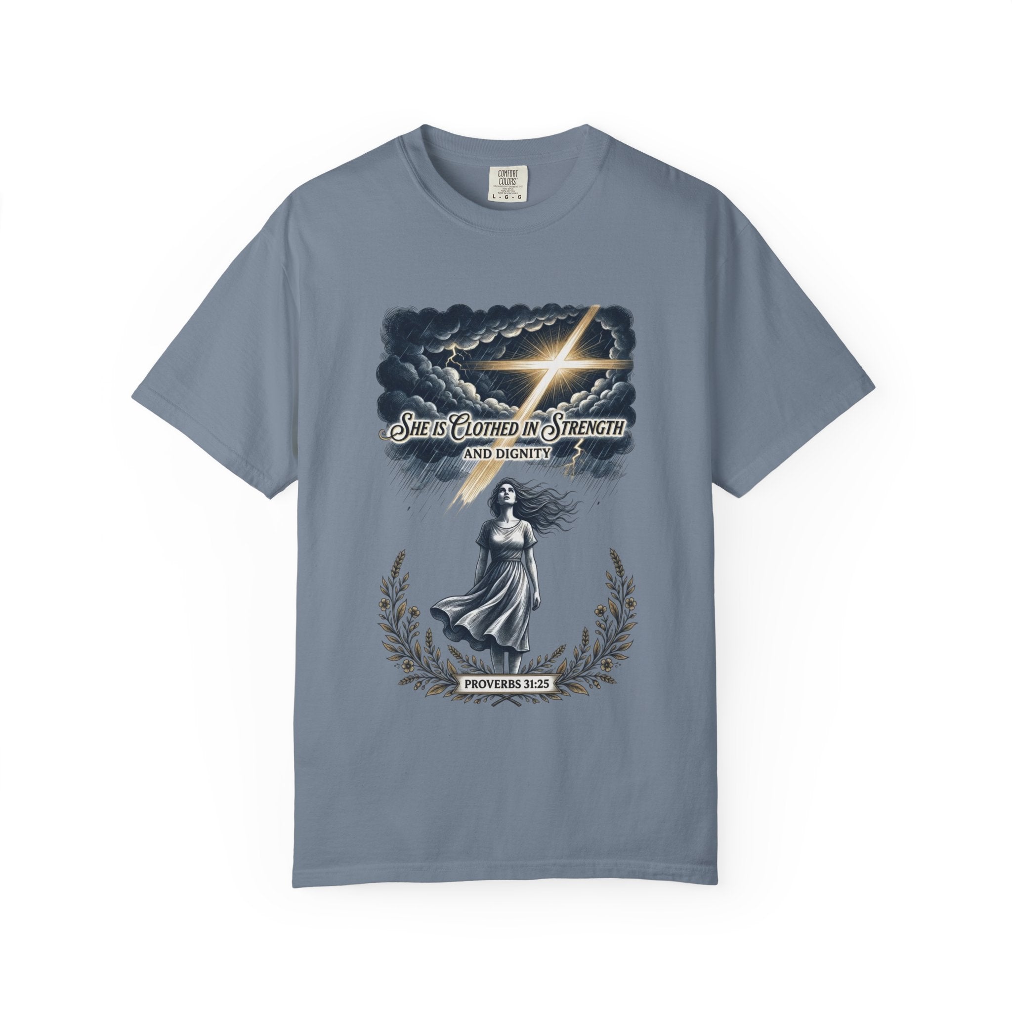 Christian Faith T-Shirt — “She Is Clothed in Strength” Scripture Tee