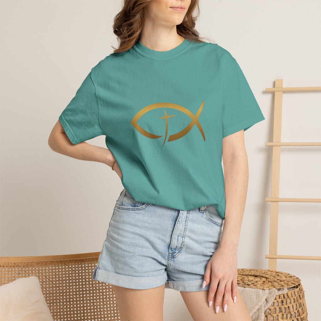 Christian Ichthys Fish T-Shirt — Gold Cross Symbol Faith Tee